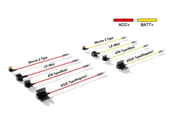 Advanced power supply hardwire kit set, red and yellow two kinds of fuse tap cables are respectively connected to ACC and car permanent power, including Micron 2 Type and LP-Mini and ATM Type (Mini) and ATO/C Type (Regular)